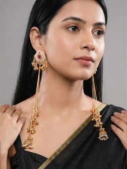 Saraf RS Jewellery - Women Gold Plated Pink AD Pearl Studded Kashmiri Ghungroo Jhumka Earrings