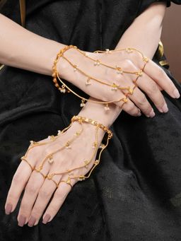 Saraf RS Jewellery - Women 22k Gold Plated Pearl Beaded Multi Chain with Rings Hathphools