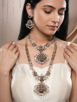 Saraf RS Jewellery - Women Multi-Color Victorian Zircon Studded Lakshmi temple Bridal Jewellery Set