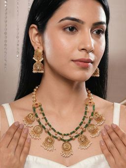 Saraf RS Jewellery - Women 22k Gold Plated Green Beads Temple Lakshmi Jewellery Set