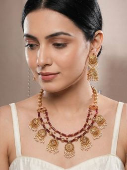 Saraf RS Jewellery - Women 22k Gold Plated Maroon Beads Temple Lakshmi Jewellery Set