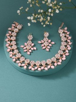 Fida - Women American Diamond Pink Stones Rose Gold Plated Floral Jewellery Set