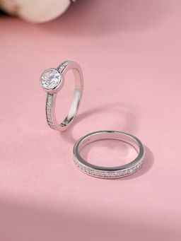 Ornate Jewels - 925 Silver 1 Carat Round American Diamond Solitaire Ring Set For Women & Girls