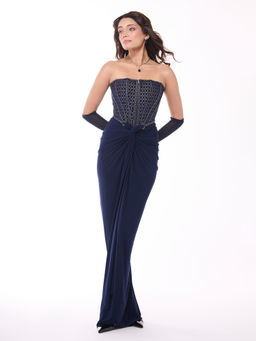 S&N by Shantnu Nikhil - Navy Blue Solid Draped Skirt
