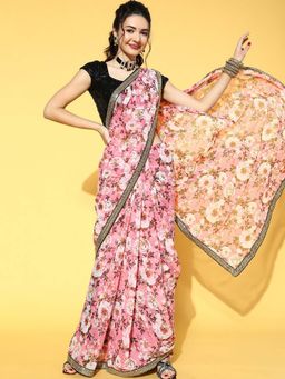 Chhabra 555 - Pink Floral Printed Saree with Unstitched