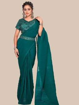 Chhabra 555 - Teal Bright Pleated Party Wear Saree and Belt with Unstitched