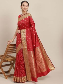 Chhabra 555 - Red Ethnic Motifs Zari Woven Saree with Unstitched