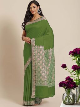 Chhabra 555 - Mehndi Green Solid Banarasi Silk Saree with Unstitched