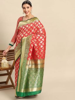 Chhabra 555 - Red Handloom Banarasi Silk Saree with Unstitched