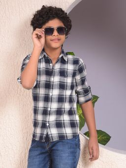 CRIMSOUNE CLUB - Boys Navy Blue Checked 100% Cotton Shirt