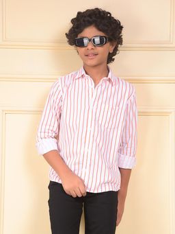 CRIMSOUNE CLUB - Boys Orange Vertical Stripes 100% Cotton Corduroy Shirt
