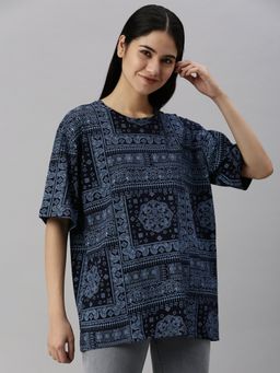 JUNEBERRY - Paisley Navy Blue Women Oversized T-Shirt