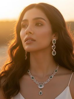 I Jewels - Green Gold Plated American Diamond Cubic Zirconia Jewellery Set for Women