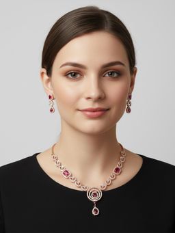 I Jewels - Pink Gold Plated American Diamond Cubic Zirconia Jewellery Set for Women