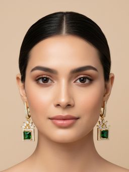 I Jewels - Green Gold Plated American Diamond Studded Drop Earrings for Women