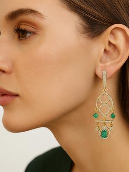 I Jewels - Green Gold Plated American Diamond Studded Drop Earrings for Women