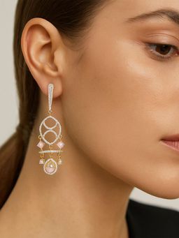 I Jewels - Pink Gold Plated American Diamond Studded Drop Earrings for Women