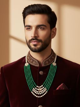 I Jewels - Green Gold Plated kundan Studded and Pearl Beaded Necklace