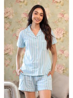 NAP STORY - Aqua Stripe Half Sleeve Shirt and Shorts