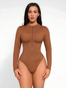 Shop The Edit - Seamless Long Sleeve Bodysuit Zipper Brown