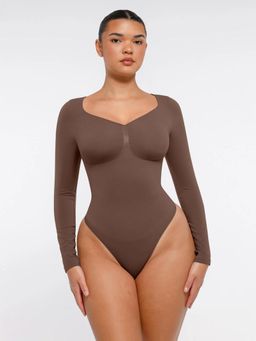 Shop The Edit - Seamless Long Sleeve Tummy Control Bodysuit Brown