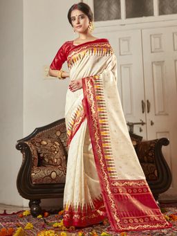 Akhilam - Women Silk Blend Off White Printed Celebrity Saree with Unstitched Blouse