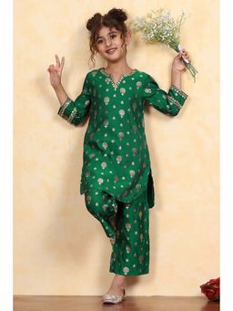 Biba - Girls Green Kurta with Pant Set