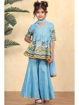 Biba - Girls Blue Kurta with Sharara and Dupatta Set