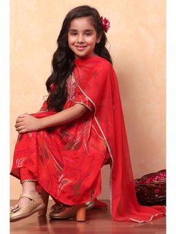 Biba - Girls Red Kurta with Palazzo and Dupatta Set