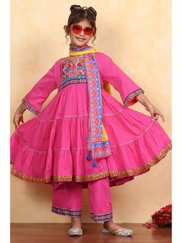 Biba - Girls Pink Kurta with Palazzo and Dupatta Set