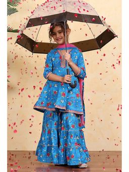 Biba - Girls Blue Kurta with Sharara and Dupatta Set