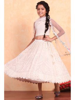 Biba - Girls White Blouse with Lehenga and Dupatta Set