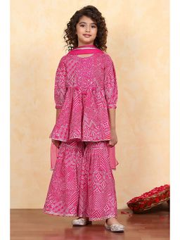 Biba - Girls Pink Kurta with Sharara and Dupatta Set