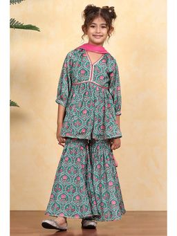 Biba - Girls Green Kurta with Sharara and Dupatta Set
