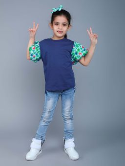 Pink Chick - Puff Sleeves Heart Sleeves T-Shirt With Hair Clip -Royal blue