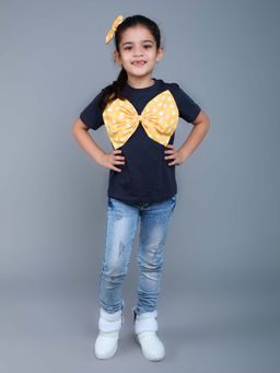 Pink Chick - Bow Detailed T-Shirt With Hair Clip -Navy Blue