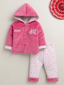Bumzee - Pink and White Baby Girls Full Sleeves Cotton Blend Winter Wear Set