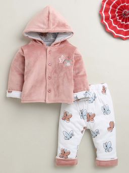 Bumzee - Peach and White Baby Girls Full Sleeves Cotton Blend Winter Wear Set