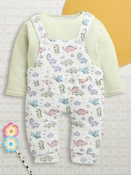 Bumzee - White and Green Boys Full Sleeves Poly Blend Dungaree Set / Romper