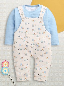 Bumzee - Cream and Sky Blue Boys Full Sleeves Poly Blend Dungaree Set / Romper