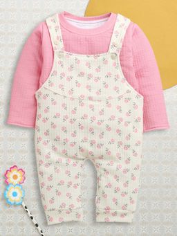 Bumzee - Cream and Pink Girls Full Sleeves Poly Blend Dungaree Set / Romper