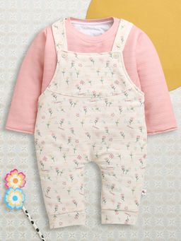 Bumzee - Cream and Peach Girls Full Sleeves Poly Blend Dungaree Set / Romper