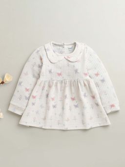 Bumzee - Off White Girls Full Sleeves Poly Blend Frock / Dress