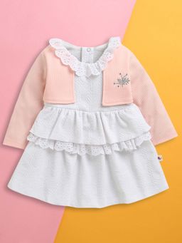 Bumzee - White and Pink Girls Full Sleeves Cotton Frock / Dress