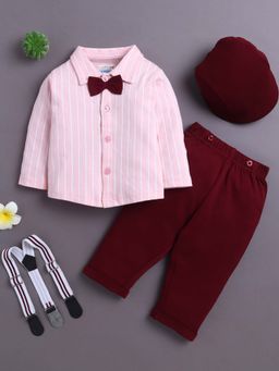 Bumzee - Maroon and Pink Boys Full Sleeves Shirt Pant Set With Suspender and Cap