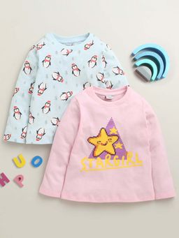 Bumzee - Baby Pink and Sky Blue Girls Full Sleeves Cotton T-Shirts (Pack of 2)