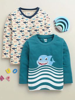 Bumzee - Beige and Teal Boys Full Sleeves Cotton T-Shirts (Pack of 2)