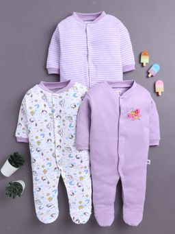 Bumzee - Lavender and White Baby Girls Full Sleeves Sleepsuit (Pack of 3)