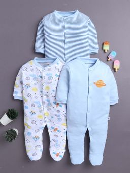 Bumzee - Sky Blue and White Baby Boys Full Sleeves Sleepsuit (Pack of 3)