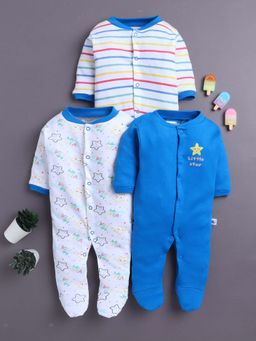 Bumzee - Royal Blue and White Baby Boys Full Sleeves Sleepsuit (Pack of 3)